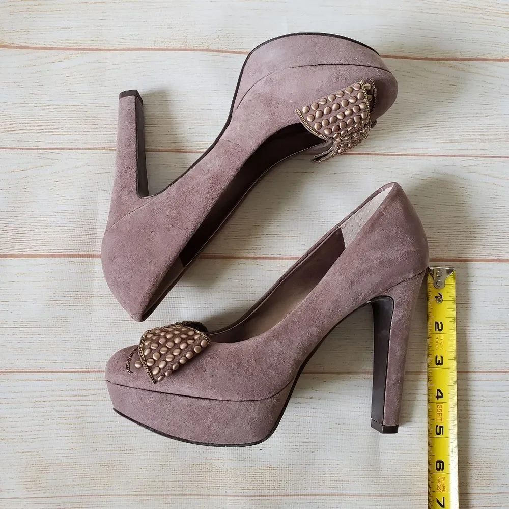 Nine West Memorie Suede Leather Round Toe Bow Platform Heels Pink Size 7 1/2M